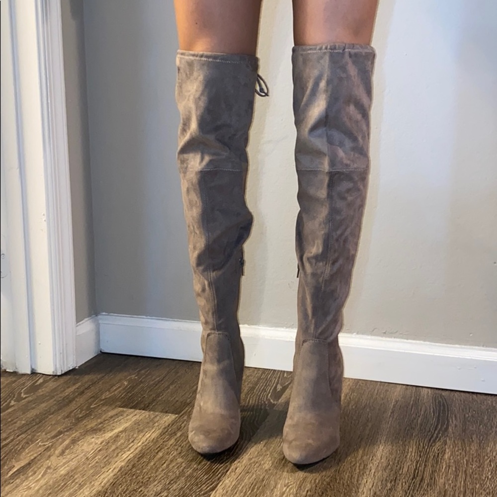 Suede thigh high heeled boots